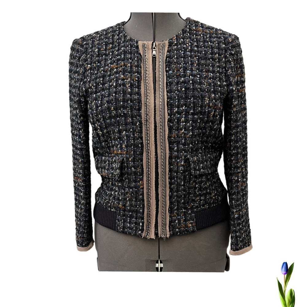 LOFT Ann Taylor Tweed Boucle Bomber Jacket size M black, brown and blue.